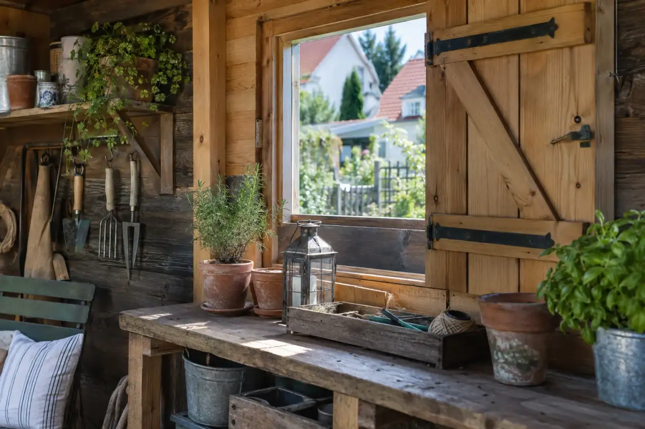 Individuelles Gartenhaus-Interieur mit Holzladen und einfachem Arbeitsbord.