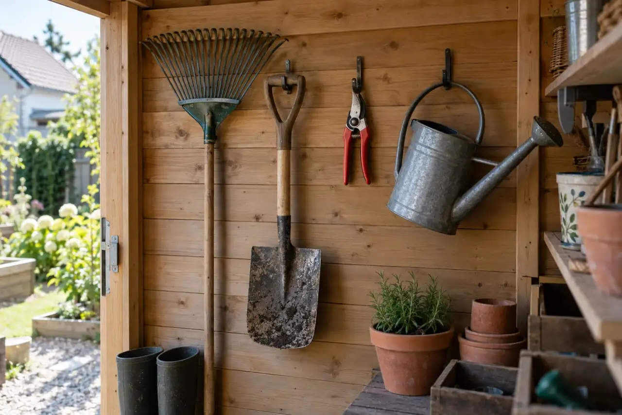 Feste Haken für Gartengeräte an einer Holzwand.