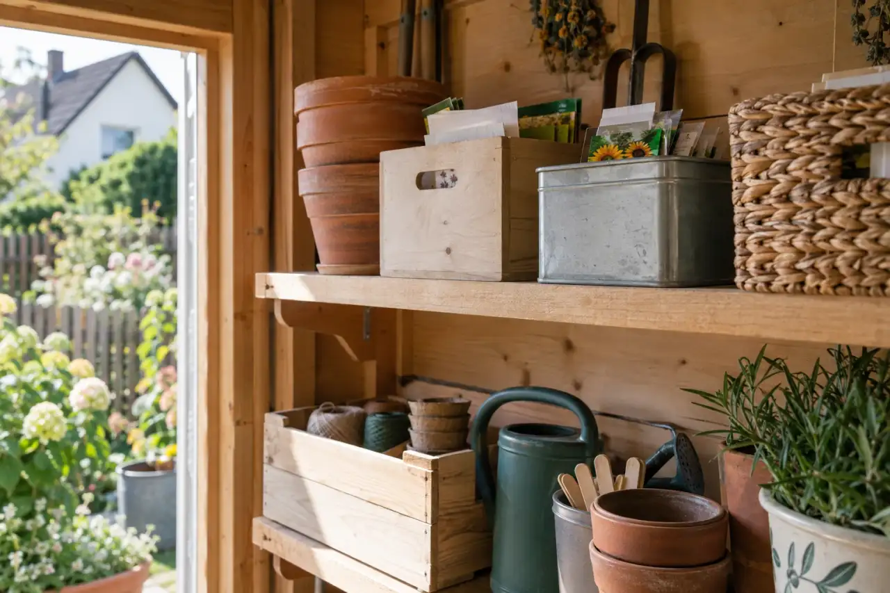Schmales Hochregal mit Boxen und Körben im Gartenhaus.