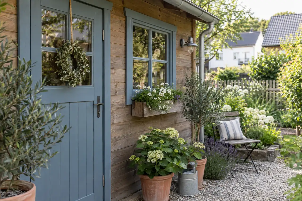 Dezenter Farbakzent an Tür und Fensterrahmen des Gartenhauses.