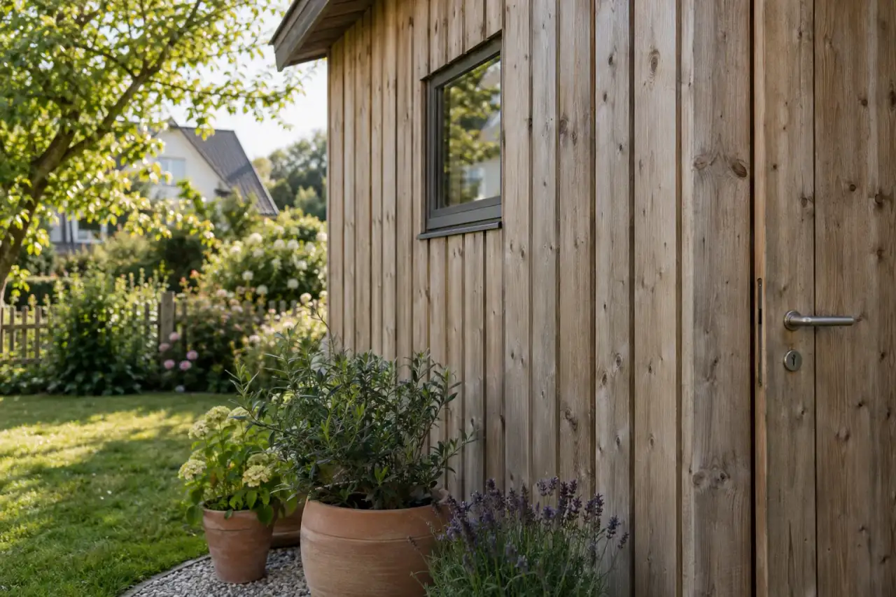 Senkrechte Holzverkleidung am Gartenhaus im weichen Seitenlicht.