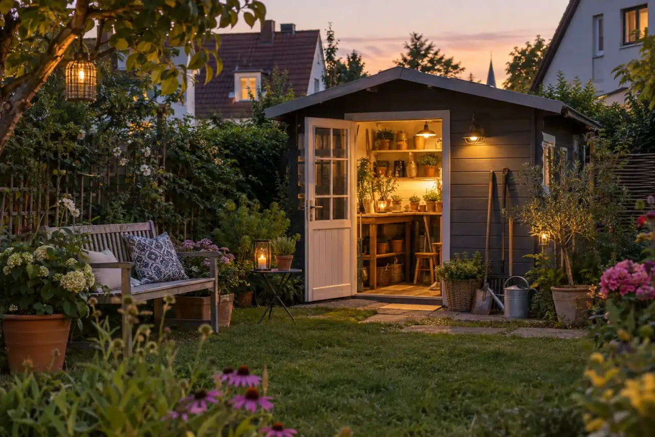 Ruhiger Abendblick auf ein persönliches Gartenhaus mit offenem Eingang.
