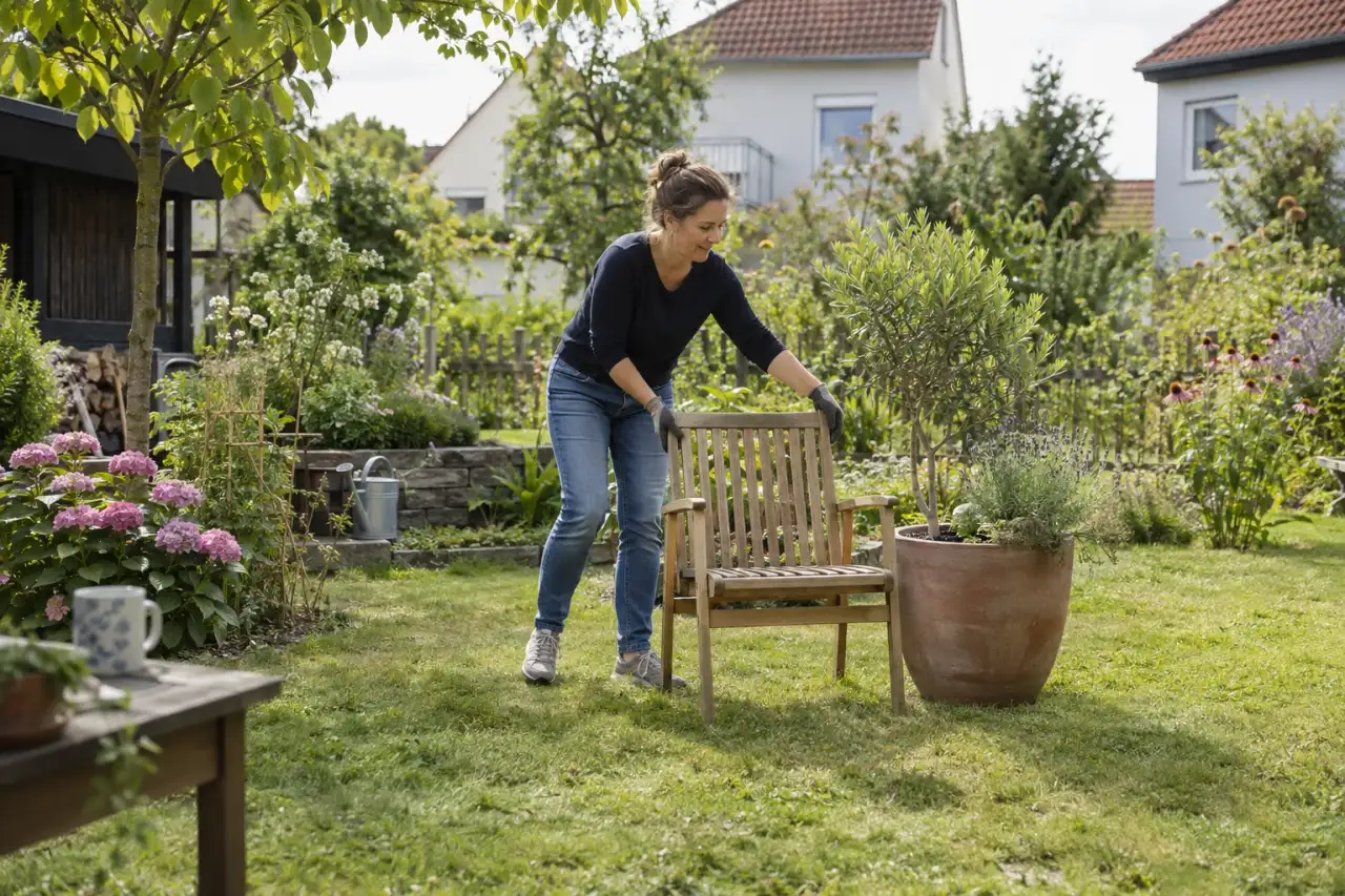 Gärtnerin probiert eine Sitzplatzwirkung mit Stuhl und Kübel aus