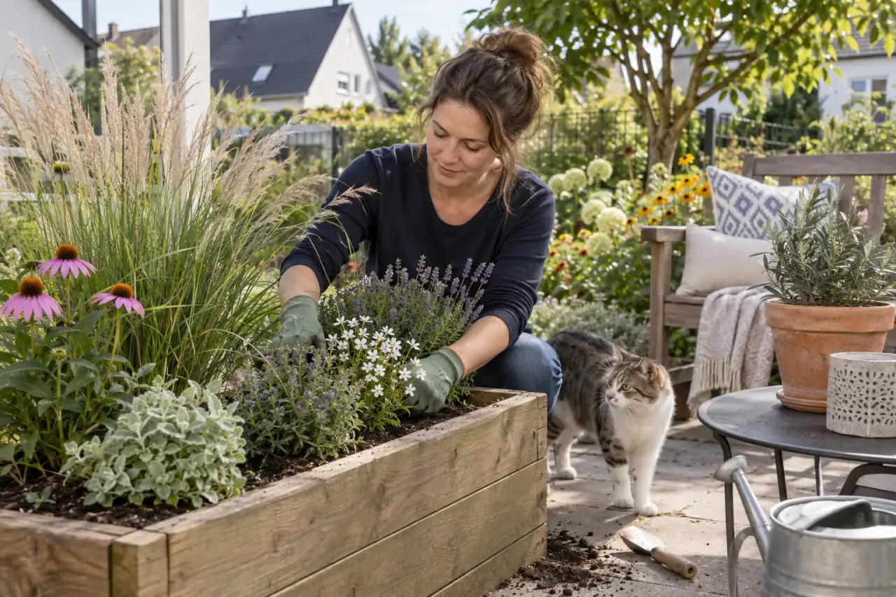 Holz, Beton, Kübel und Stauden werden im Garten kombiniert