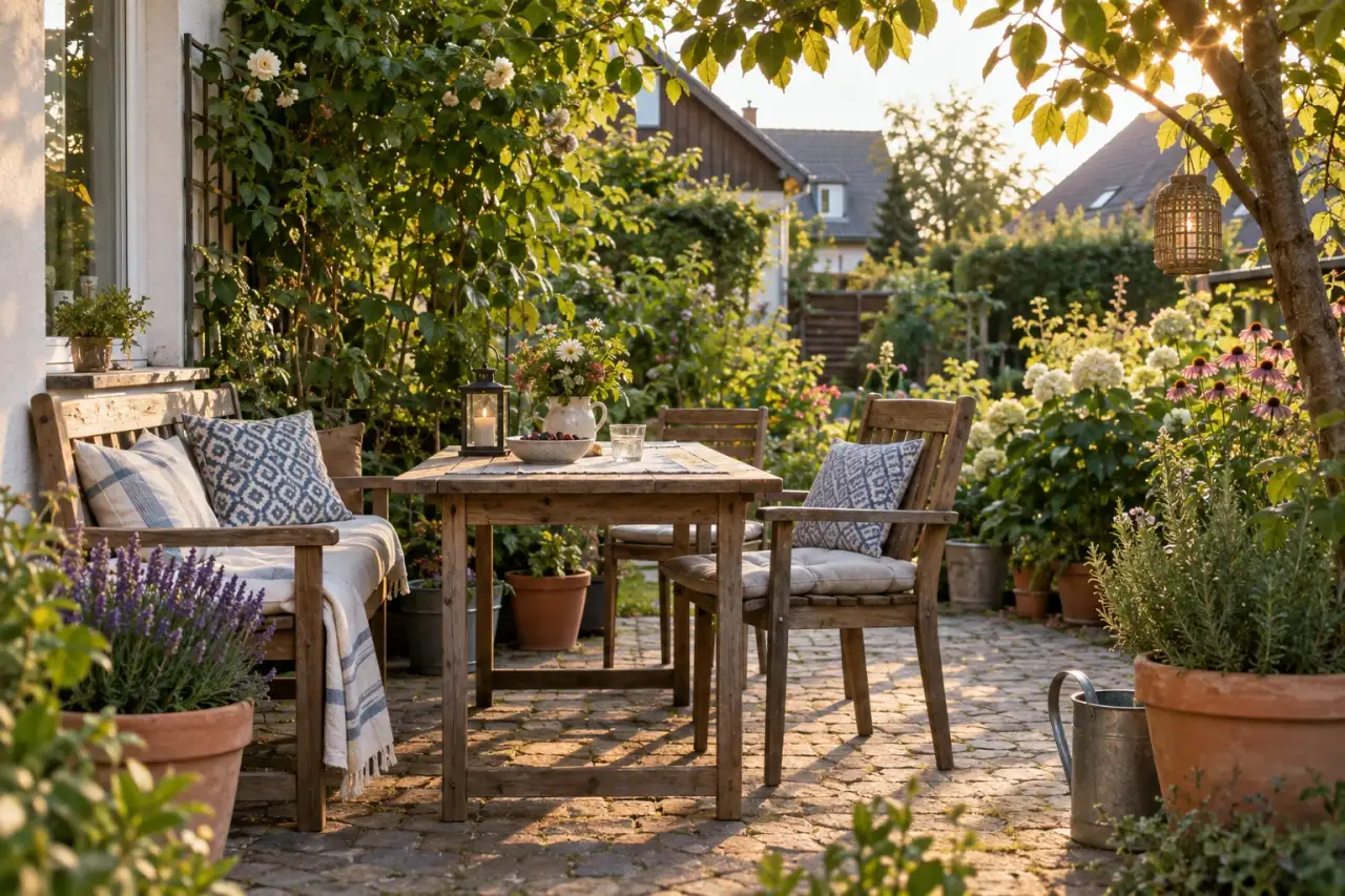 Geschützter gemütlicher Sitzplatz mit Holz und Kübeln