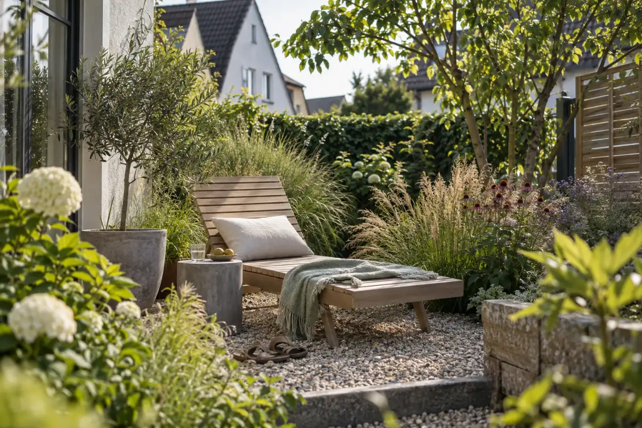 Ruhiger Gartenwinkel mit Liege, Gräsern und Beton