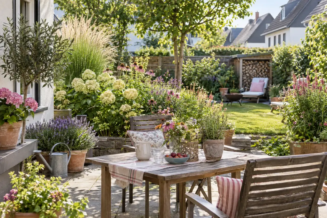 Lebendiger saisonaler Garten mit Blüten und Kräutern
