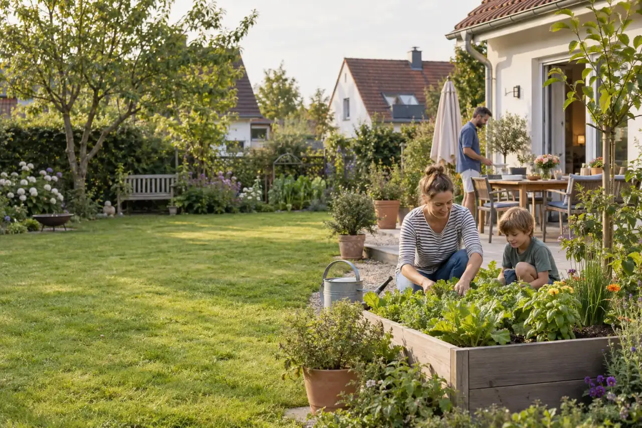 Wohnlicher Garten mit Terrasse, Rasen, Beeten und Sitzplatz