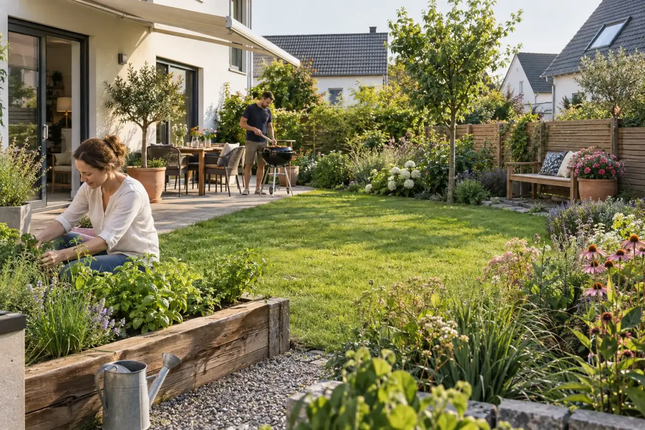 Ein Garten mit Sitzplatz, Rasen, Randbeet, Hochbeet, Grenze und Saisonkübel