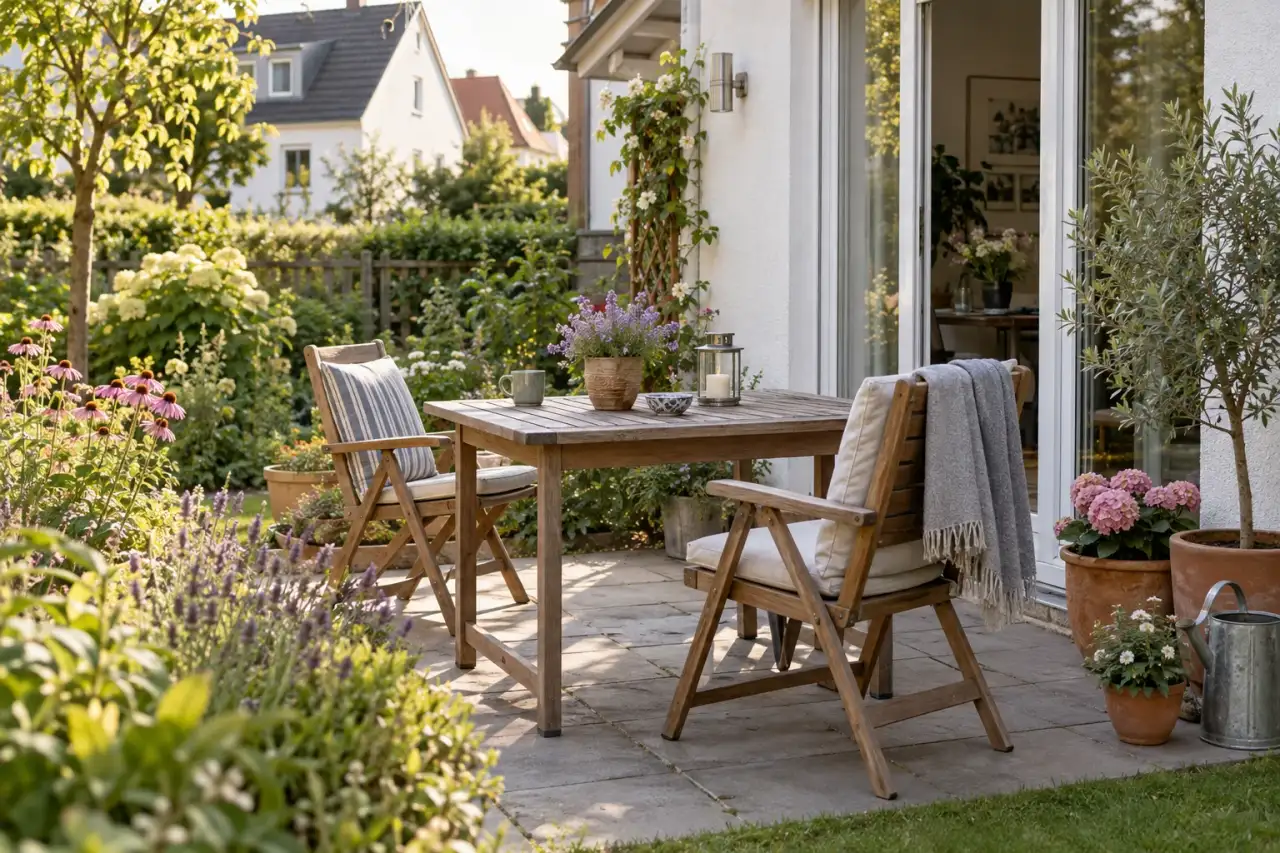 Sitzplatz direkt am Haus mit Kübeln und Beet