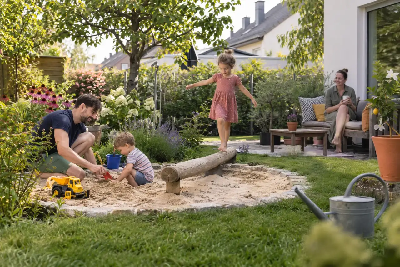 Auswahlfoto für einen familienfreundlichen Garten mit Sandbereich