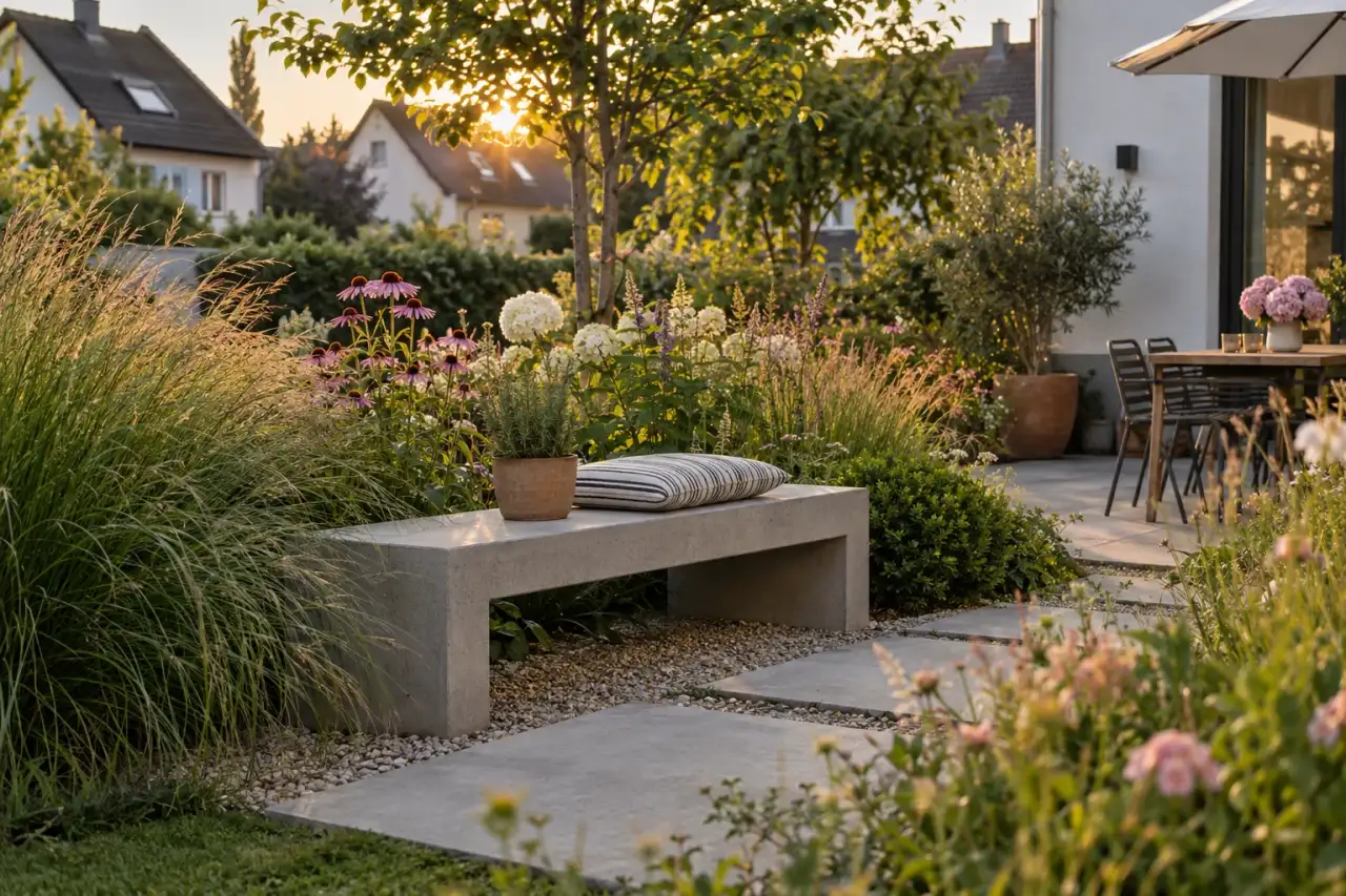 Betonbank zwischen weichen Gartenpflanzen