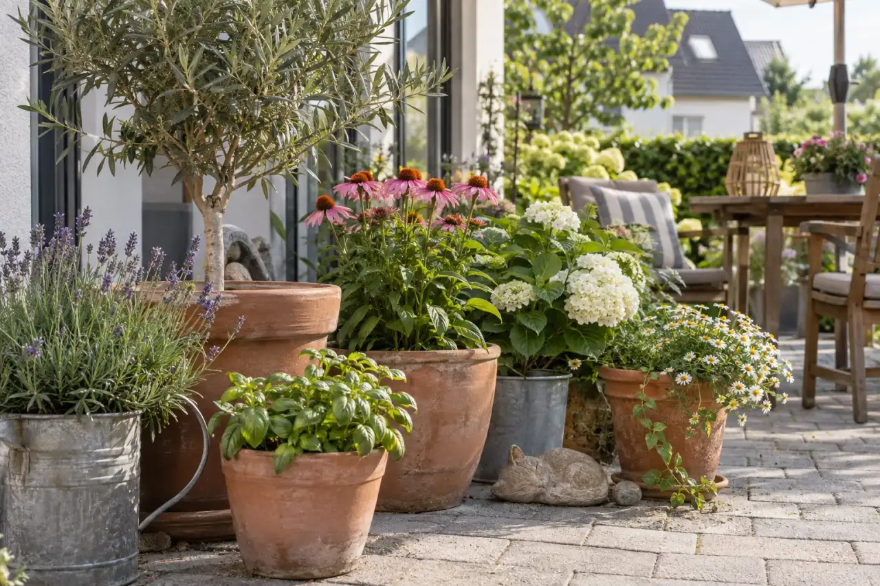 Kübel mit Kräutern und dezenter Gartendekoration
