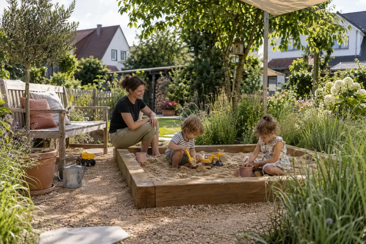 Sandfläche mit Holzrand, Gräsern und Sitzbank