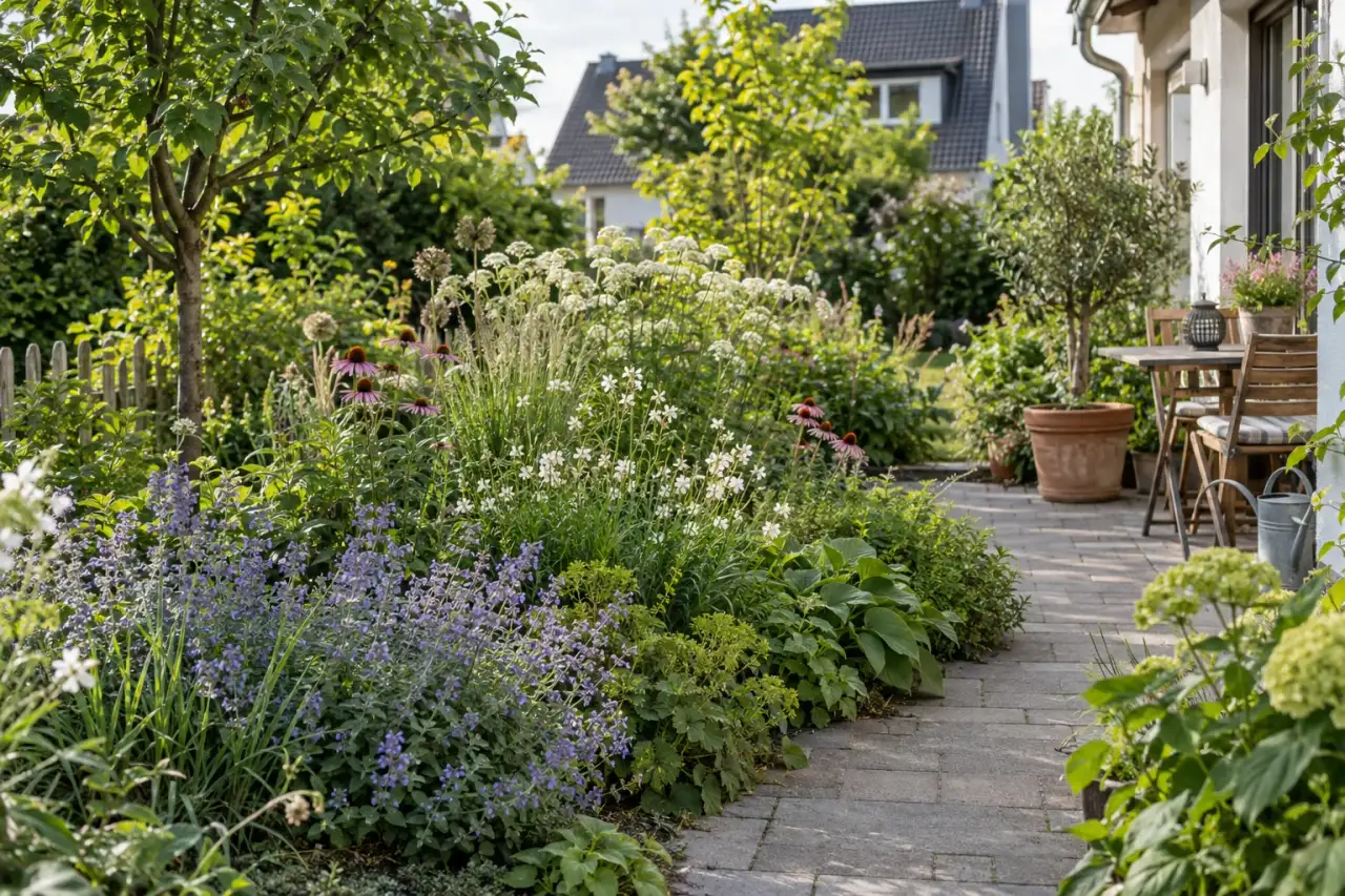 Lockere Staudeninsel an einem Gartenweg