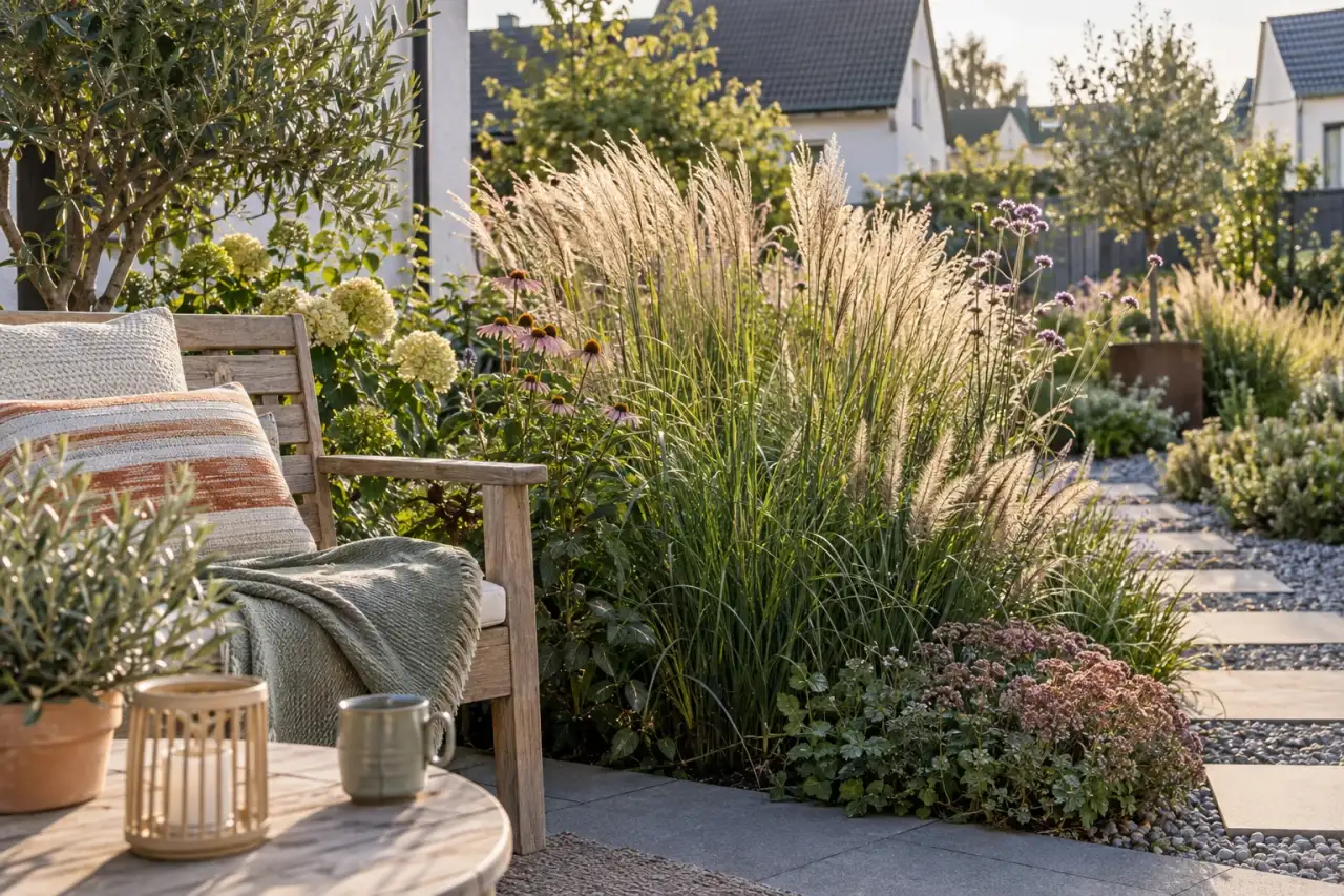 Ziergräser neben einer Holzbank im Garten