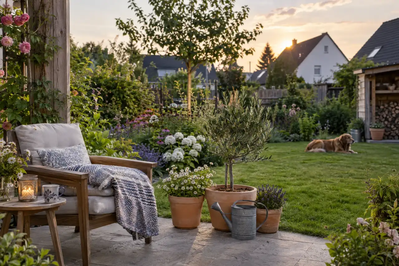 Fertig gestalteter Garten mit Sitzplatz, Rasen und Pflanzbeet