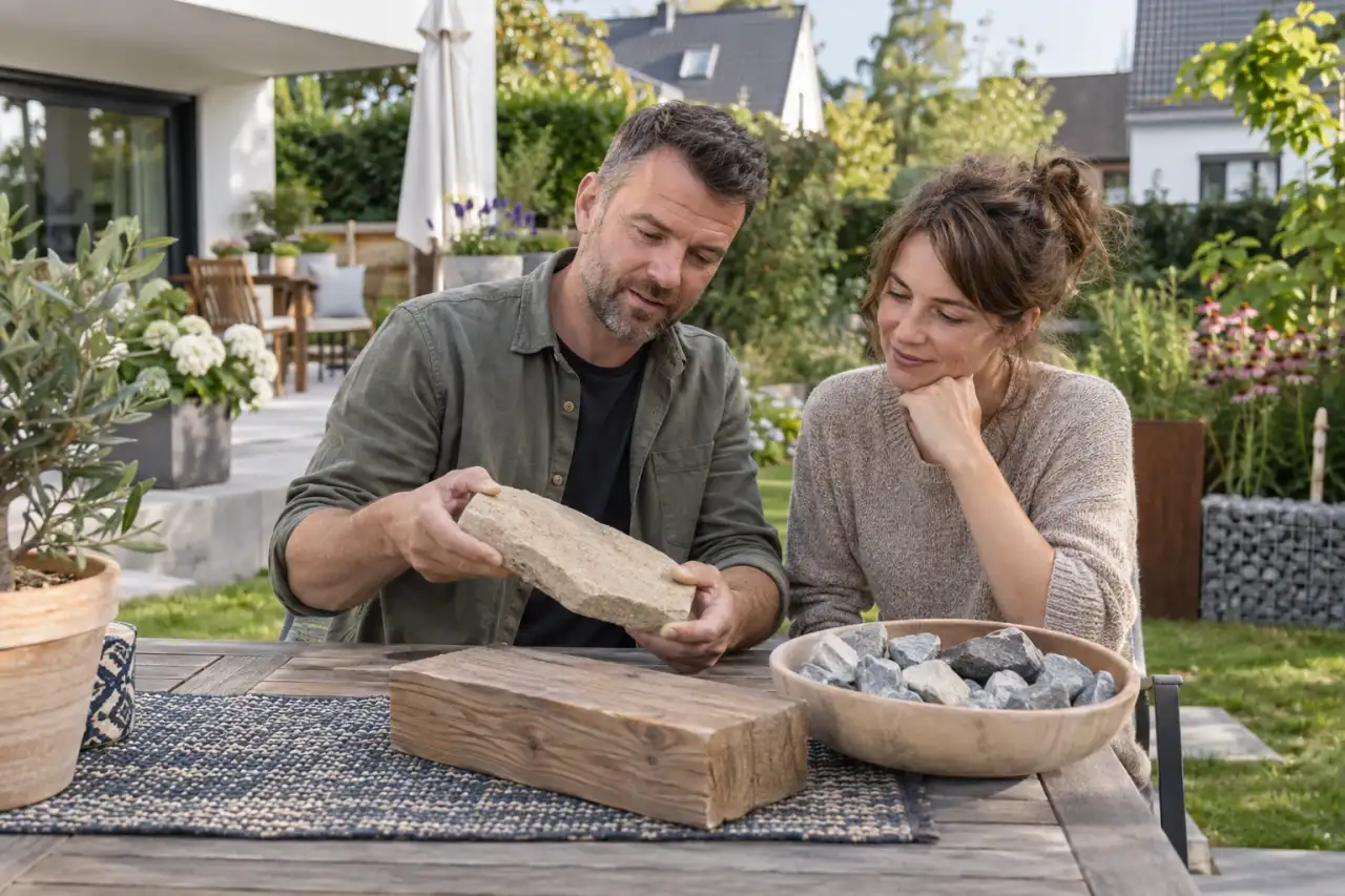 Materialien werden neben einer Terrasse gestalterisch verglichen