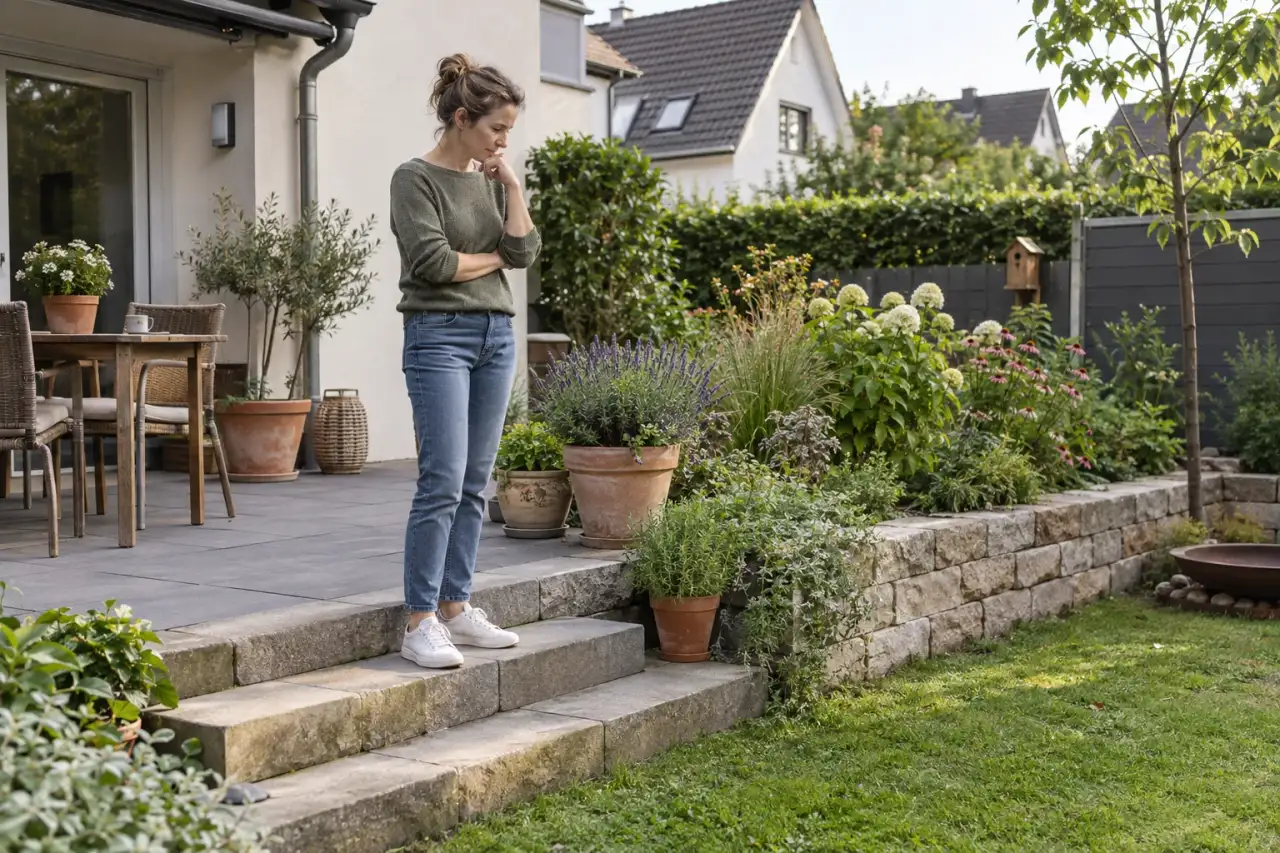 Person beurteilt Wirkung und Einsatzort einer Gartenwand