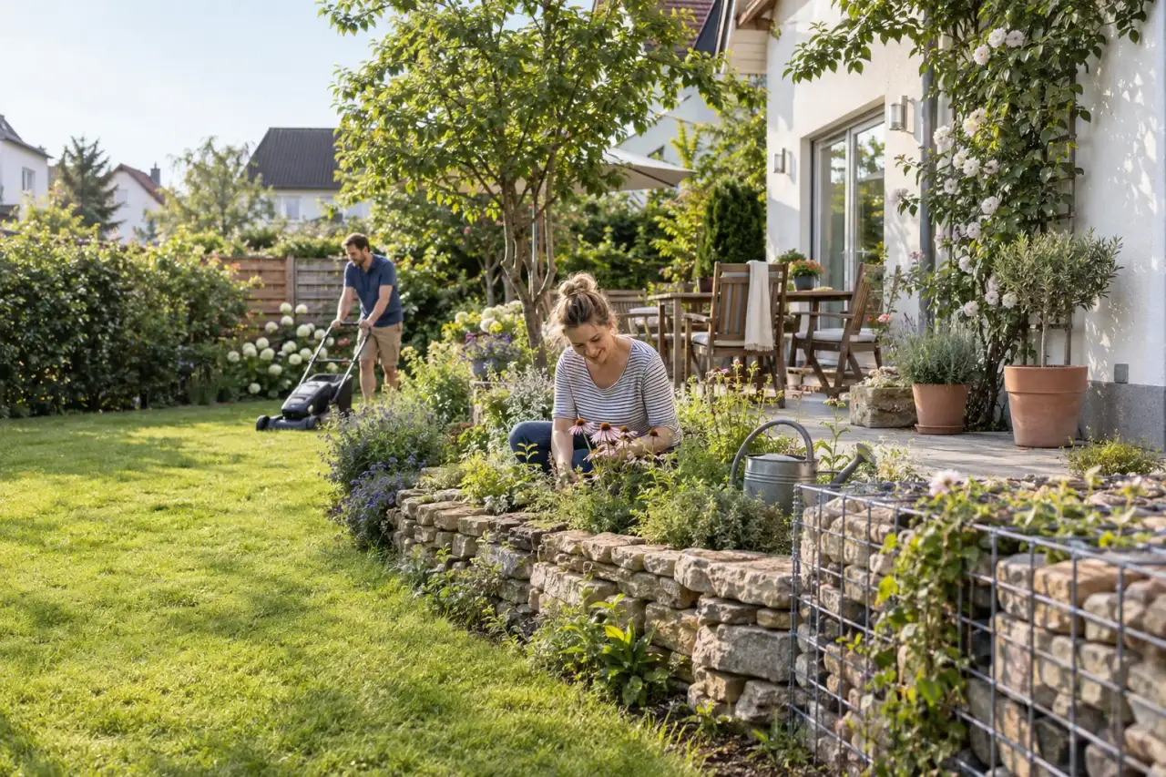Garten mit Natursteinmauer, Gabionenabschnitt und begrünter Hauswand