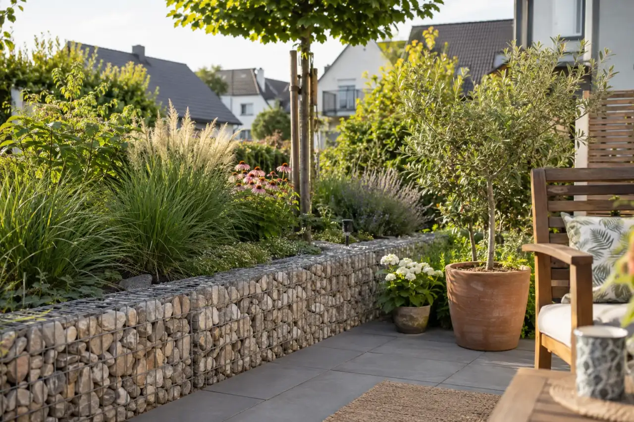 Einzelner Gabionenabschnitt an der Terrasse