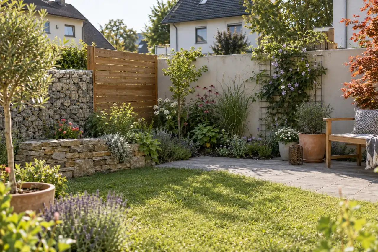 Eine Gartenszene mit Gabione, Naturstein, Holz, Pflanzsaum, Rankhilfe und Bank