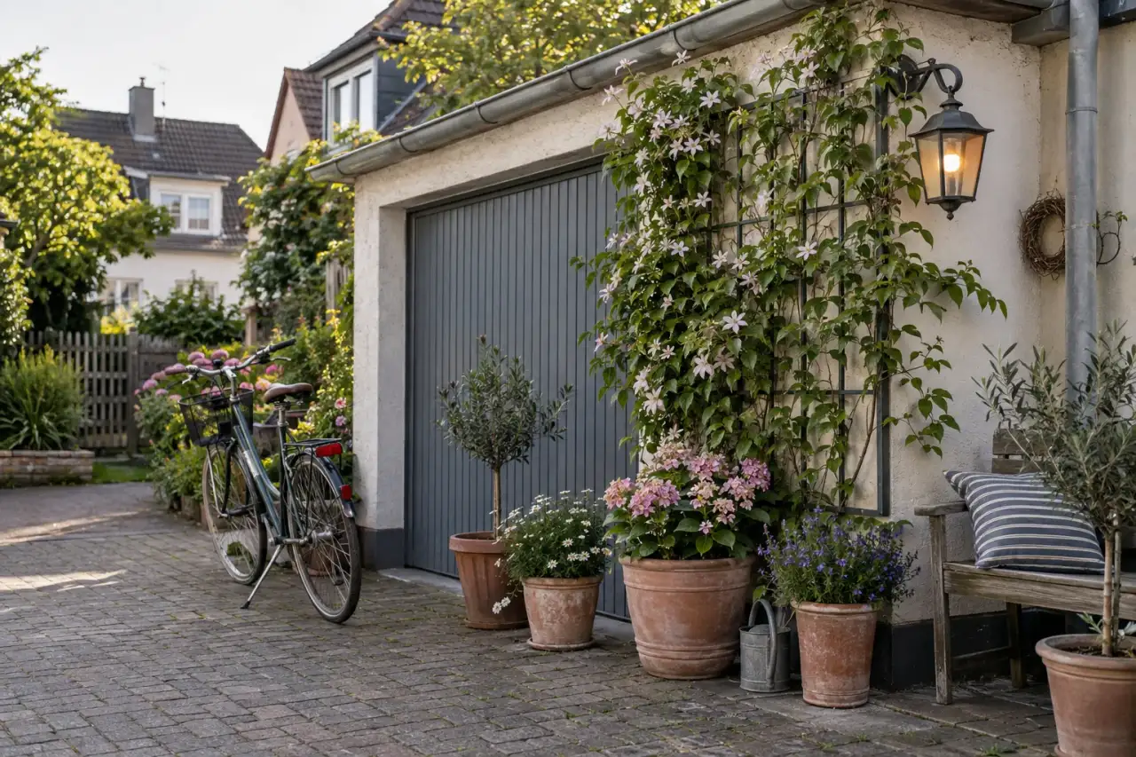 Begrünte und dekorierte Garagenwand