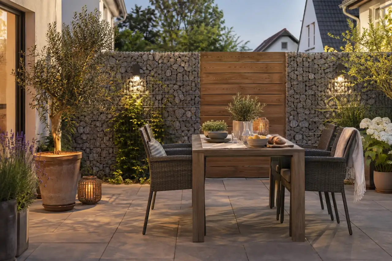 Gabionen-Holz-Sichtschutz an einer Terrasse