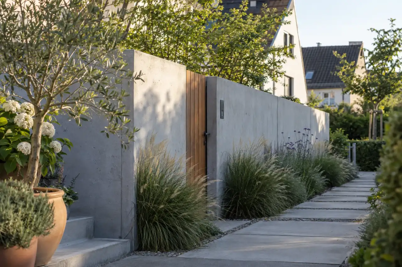 Klare Betonwand mit Holzdetail und Gräsern