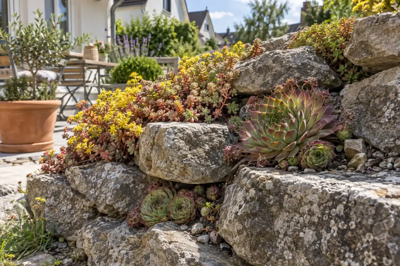 Sedum und Dachwurz in einer sonnigen Mauerfuge