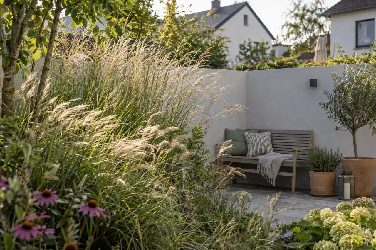 Ziergräser vor einer glatten Gartenwand
