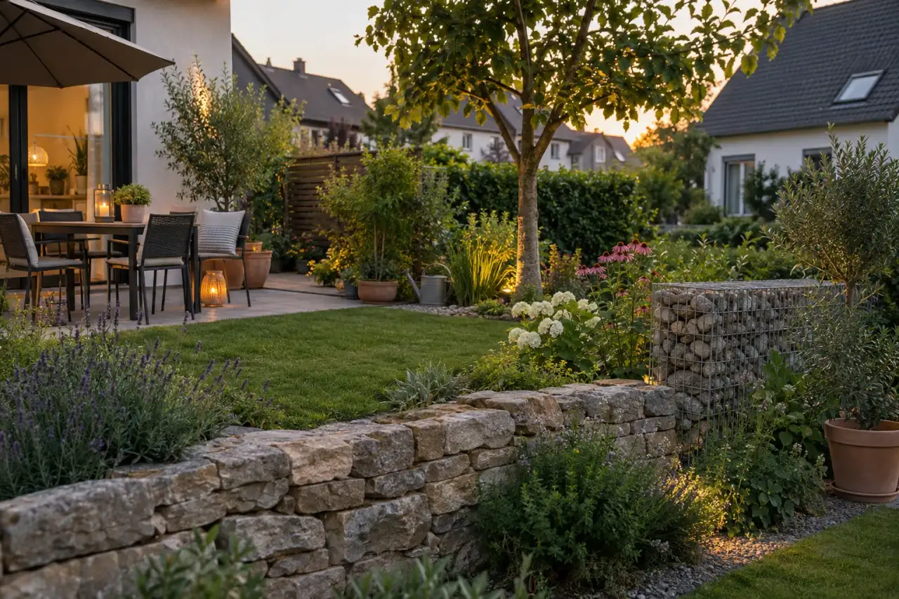 Abwechslungsreicher Garten mit Mauern, Pflanzen und Sitzplatz