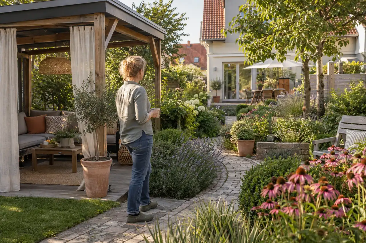 Blickbeziehung zwischen Pavillon, Weg und Garten wird sichtbar