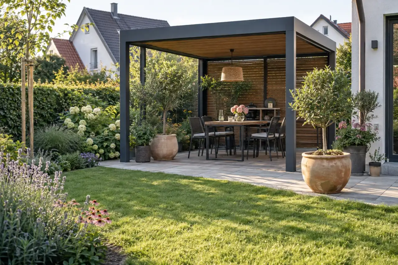 Markanter Pavillon mit klaren Linien und großen Pflanzgefäßen