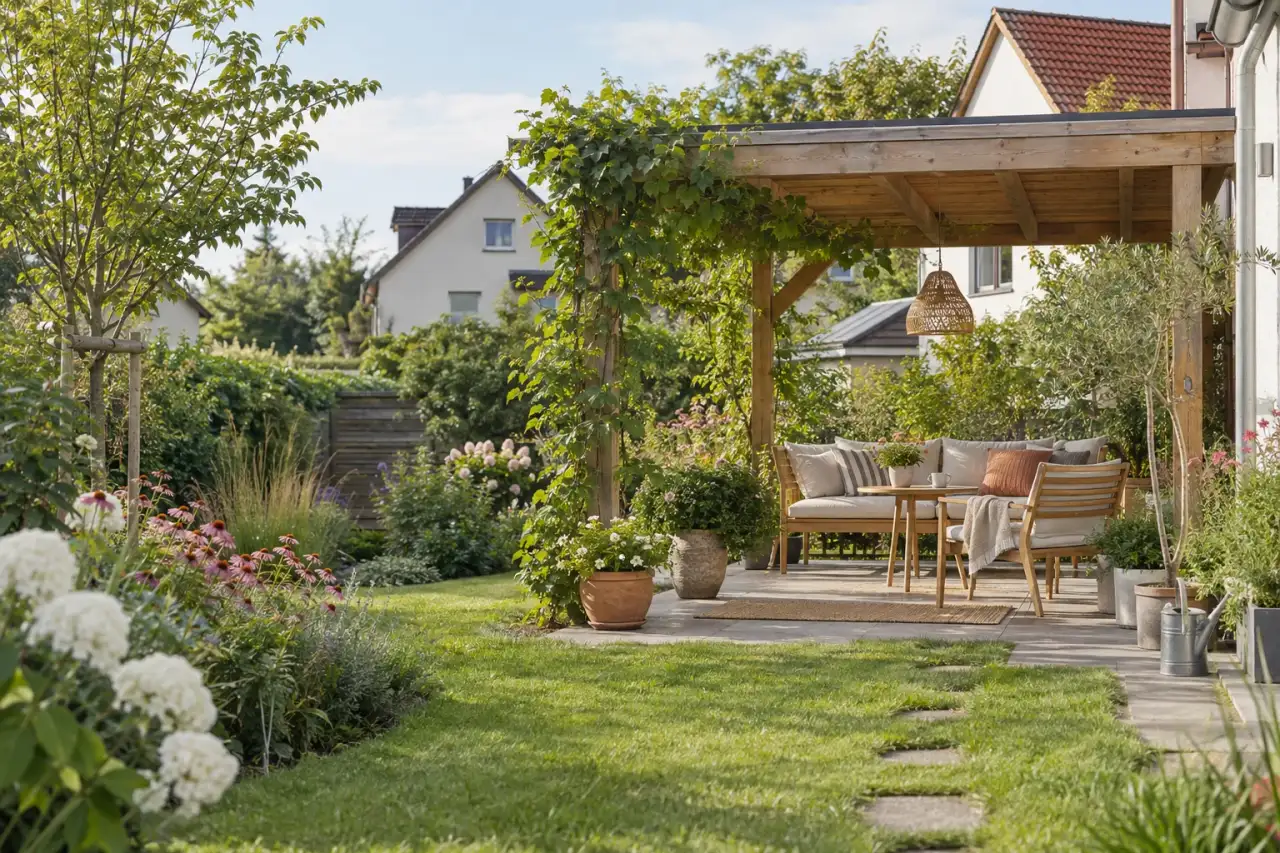 Wohnlicher Gartenpavillon mit Sitzgruppe, Pflanzkübeln und Übergang zur Terrasse