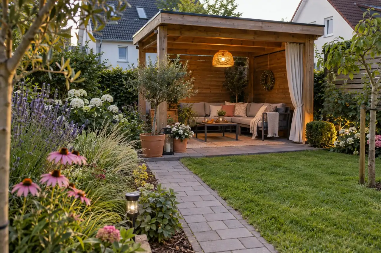 Gartenpavillon mit Sitzgruppe, Weg, Begrünung, Textilien, Licht und Ablage