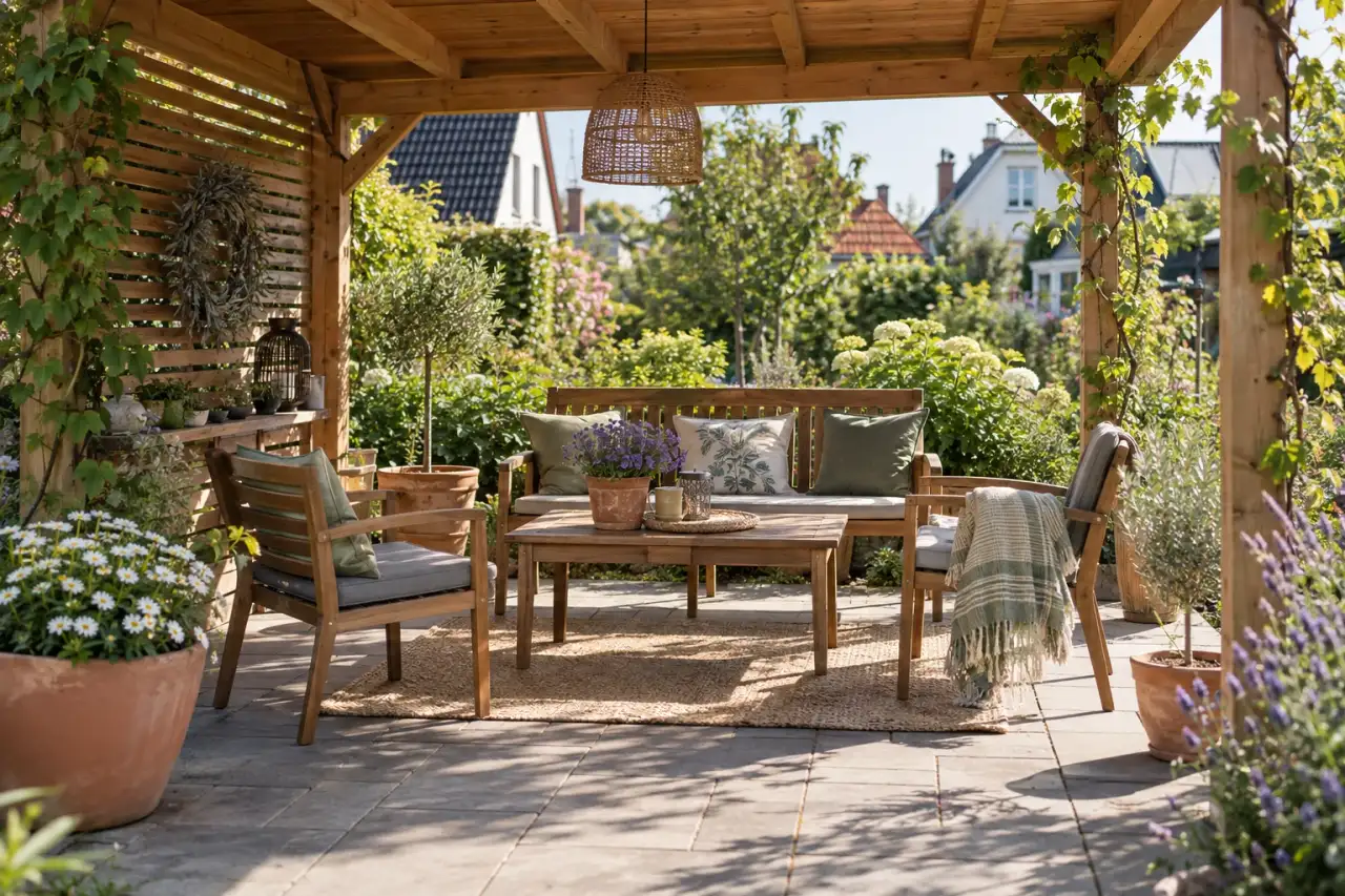 Kompakte Sitzgruppe im offenen Gartenpavillon