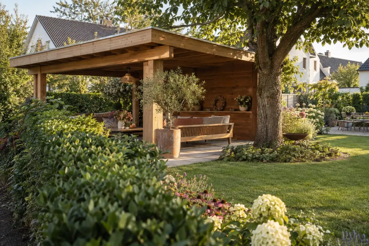 Fester Holzpavillon als markanter Mittelpunkt am Gartenrand