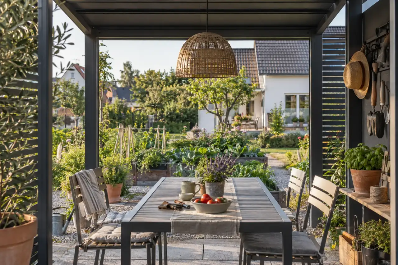 Fester Metallpavillon mit Blick auf Haus und Nutzgarten
