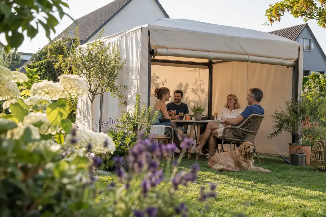 Flexibler Textilpavillon als Treffpunkt für eine kleine Runde