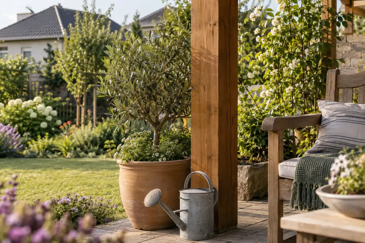 Holzposten, Bank und Keramikgefäß am Gartenrand