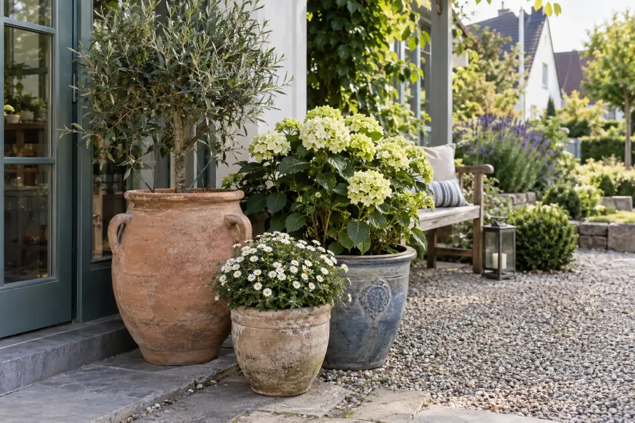 Keramikgefäße neben dem Eingang eines Gartenpavillons