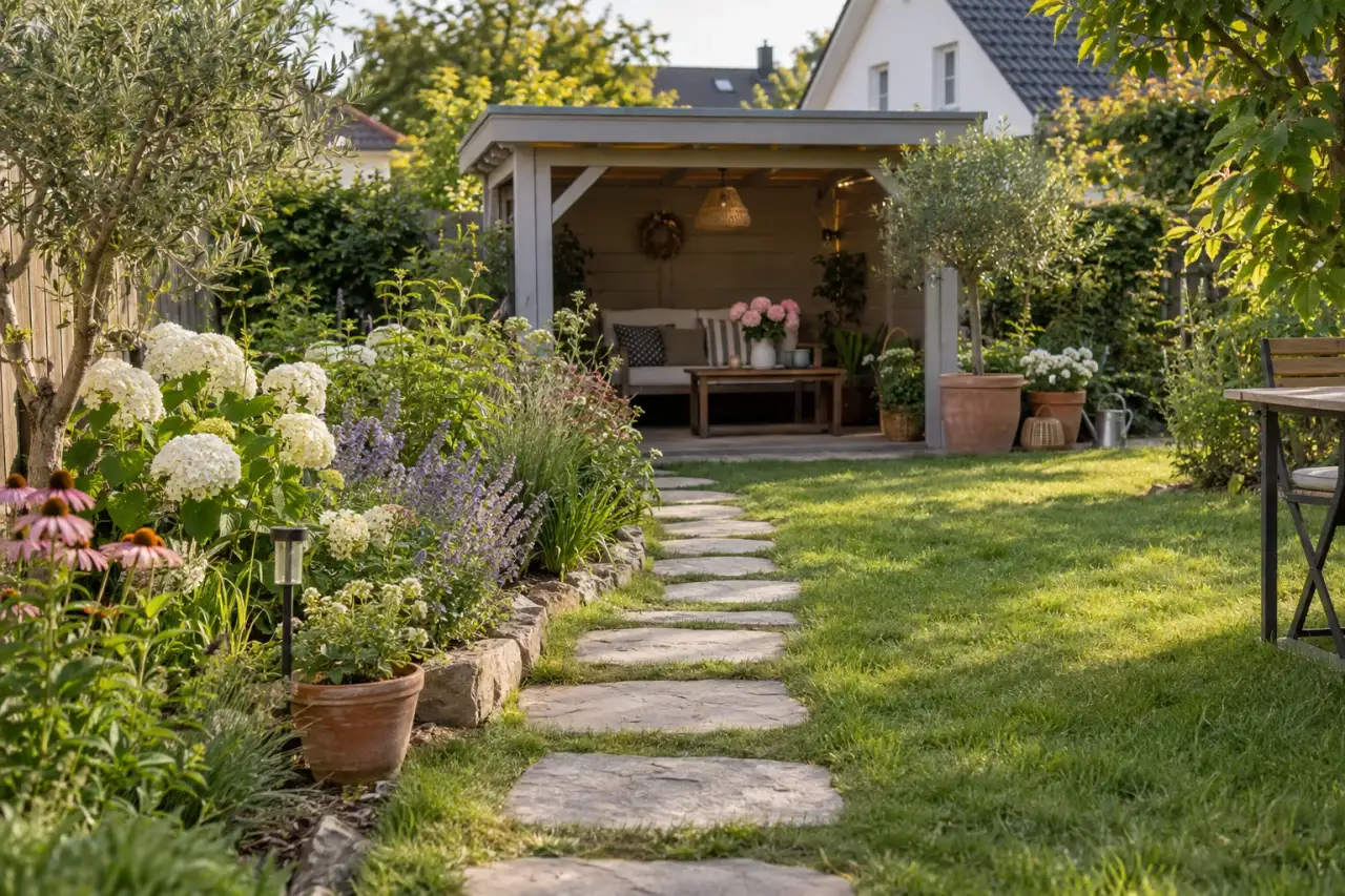 Natursteinweg führt zum Eingang eines Gartenpavillons