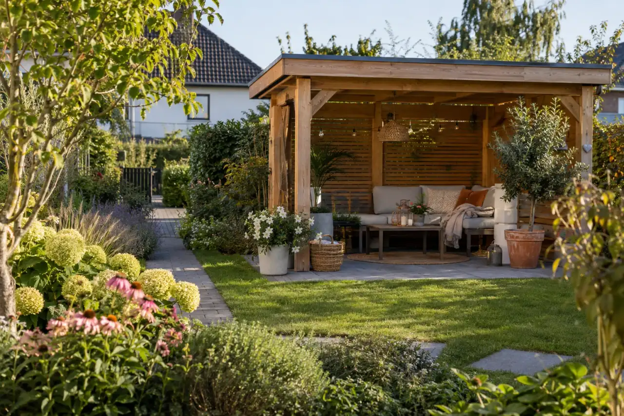 Stimmiger Gartenpavillon mit Sitzplatz, Weg und wenigen ausgewählten Details