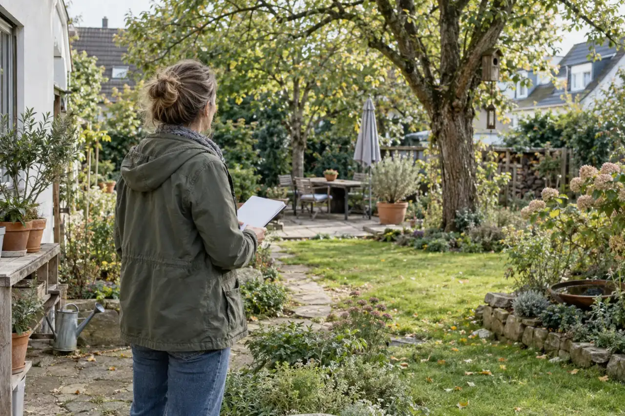 Person betrachtet Bestand und Blickrichtung eines bestehenden Hausgartens.