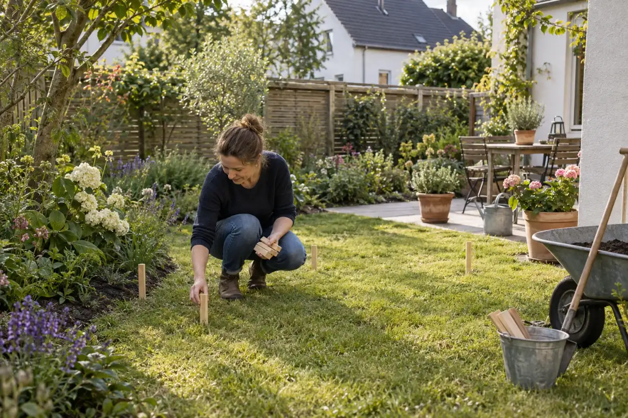 Gärtnerin ordnet Sitzplatz, Rasen und Beet direkt im Garten.