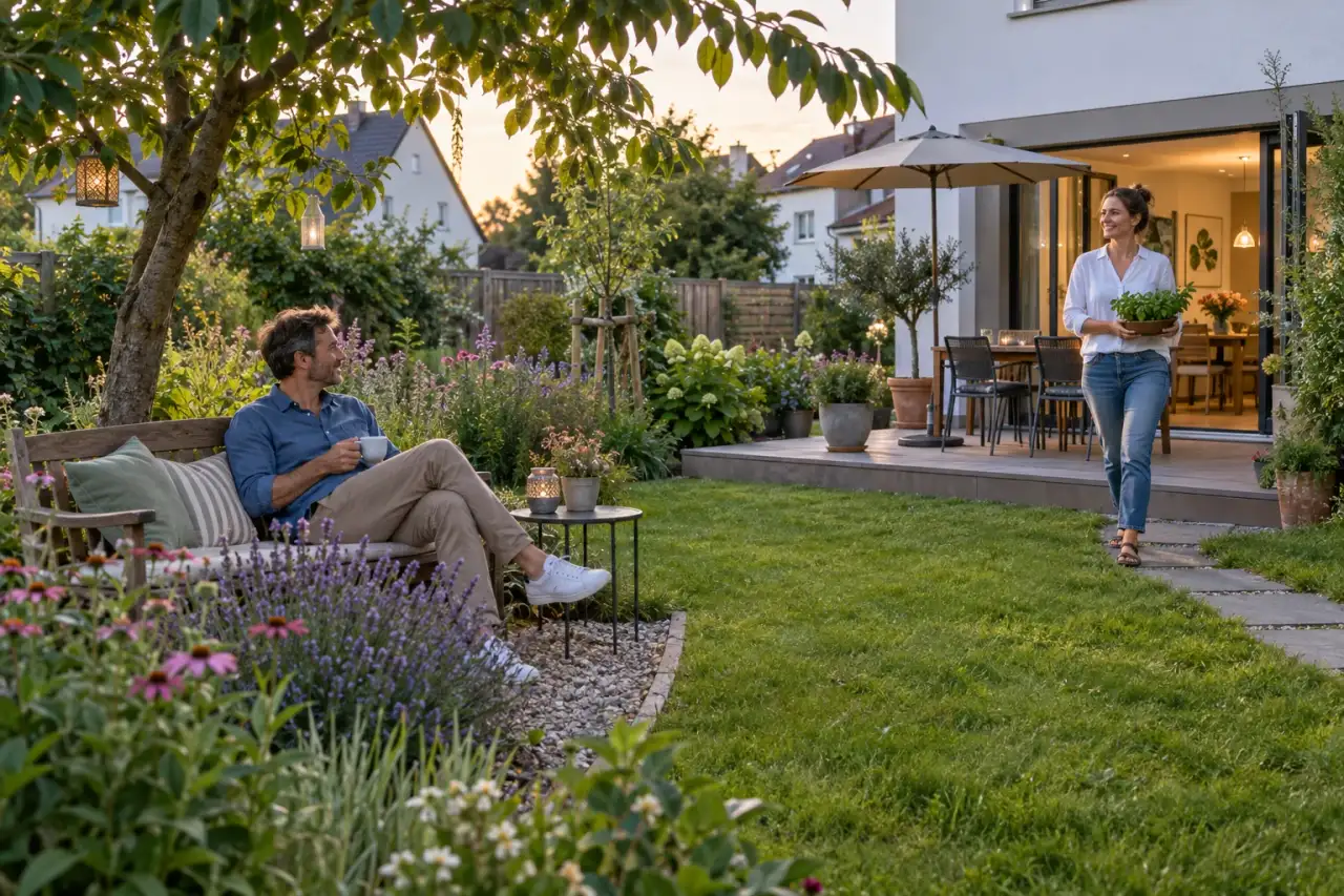 Zusammenhängender Garten mit Weg, Sitzplatz, Terrasse, Rasen und Beeten.