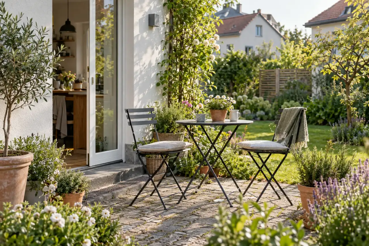 Kleiner Küchensitzplatz im frühen Morgenlicht.