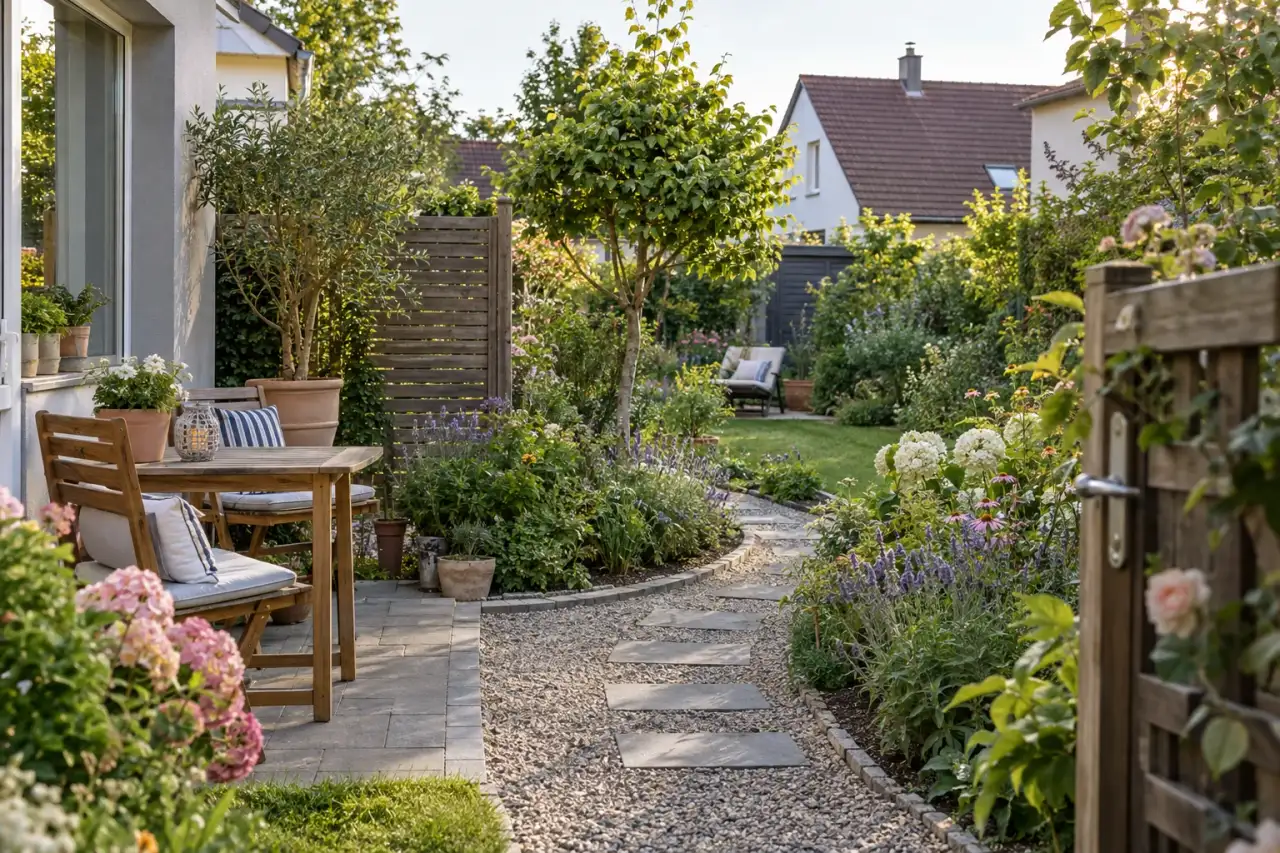 Geschwungener Weg verbindet Eingang, Sitzplatz und Gartenbereich.