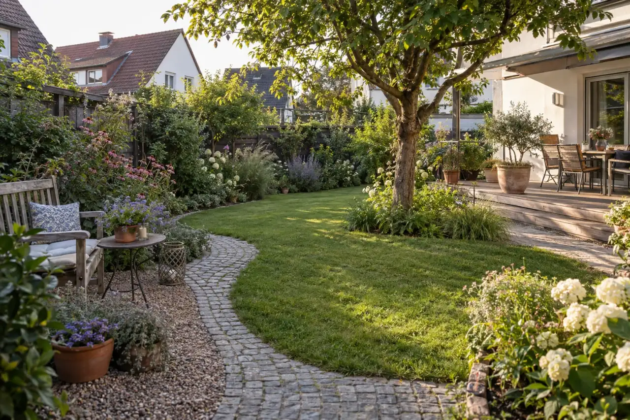 Ein Garten mit Weg, Sitzplatz, Rasen, Beet, Baum und weicher Terrassenkante.